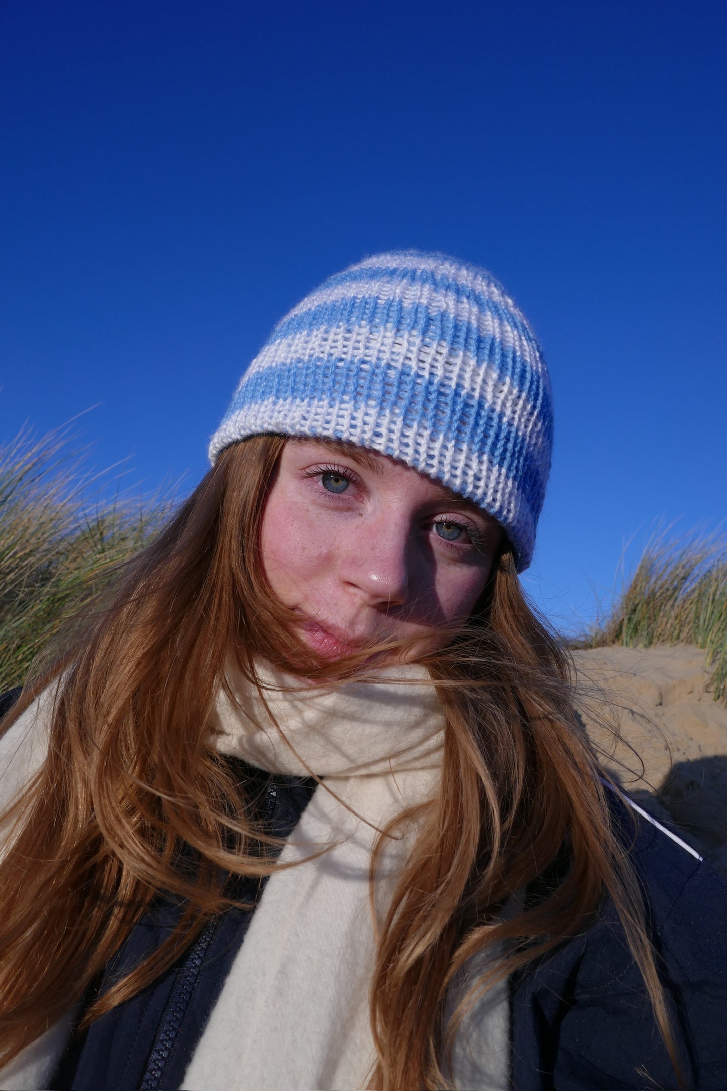 White and Light Blue Striped Knitted Beanie