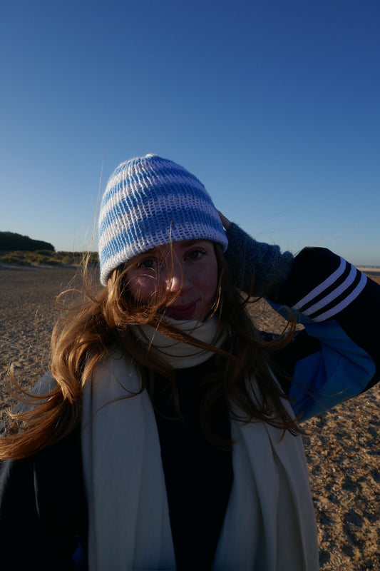 White and Light Blue Striped Knitted Beanie